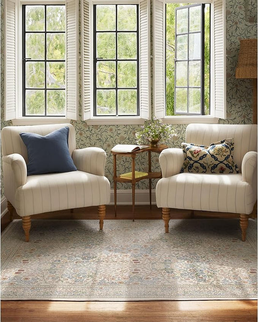 RUGGABLE x Morris & Co Washable Area Rug – Blackthorn Ivory Blue 5x7, Stain-Resistant, Non-Slip – Medium Machine Washable Rugs for Living Room, Bedroom, Hallway, Entryway & Office–with Cushioned Pad