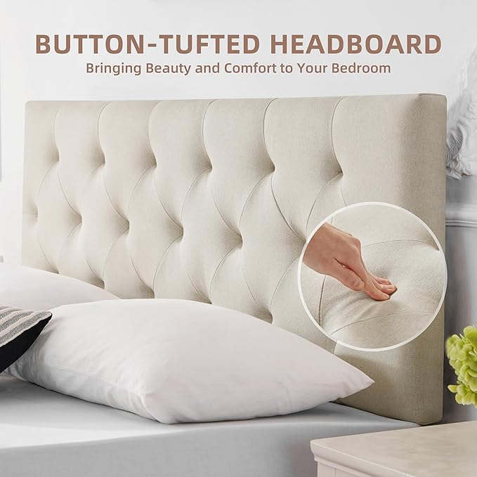 Linen Upholstered Headboard Full Size, Modern Diamond Tufting Solid Wood Full XL Headboard Only, Adjustable Height from 37” to 51” Head Board, Bed Frame or Wall Mount Headboards, Beige