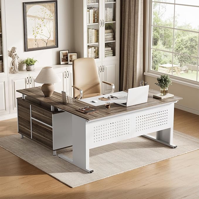 LITTLE TREE Large Computer Desk with File Cabinet, 63 Inch Executive Desk L Shaped Office Desk with Drawers and Storage Shelves, Business Furniture Desk Workstation for Home Office