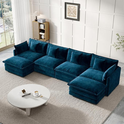 Modular Sectional Sofa, 146.5 Inch U-Shaped Cloud Sofa with Deep Seat Chenille Sofa with Cushions, Four Seater Sectional Sofa for Living Room Apartment,Blue