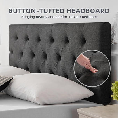 Linen Upholstered Headboard Twin Size, Diamond Tufting Solid Wood Twin XL Headboard Only, Adjustable Height from 37” to 51” Head Board, Dorm Bed Frame or Wall Mount Headboards, Dark Grey