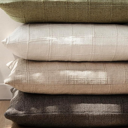 Foindtower Set of 2 Decorative Linen Check Throw Pillow Covers Neutral Farmhouse Vintage Cushion Covers Modern Coastal Boho Home Decor for Sofa Chair Couch Bedroom Living Room,20×20 Inch,Camel