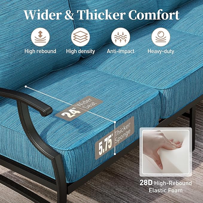 7 Piece Metal Outdoor Patio Furniture Sets, Patio Conversation Sets 3-Seater Sofa, 2 Rocking Chair, 2 Ottomans with 5.75" Thick Cushion, All-Weather Frame Backyard Furniture, Blue-2