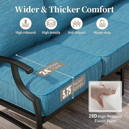 5 Piece Metal Outdoor Patio Furniture Set, Patio Conversation Sets 3-seater Sofa, 2 Swivel Chairs, 2 Ottomans with 5.75" Thick Cushion, Black All-weather Backyard Furniture Set, Blue-2