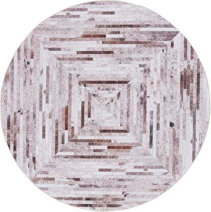SAFAVIEH Washable Rug Faux Hide Collection - 6' Round, Beige & Brown, Slip Resistant, Western Rustic Decor, Printed Pattern, Ideal for Living Room, Bedroom, Home Office, Dining Space (FAH526A)