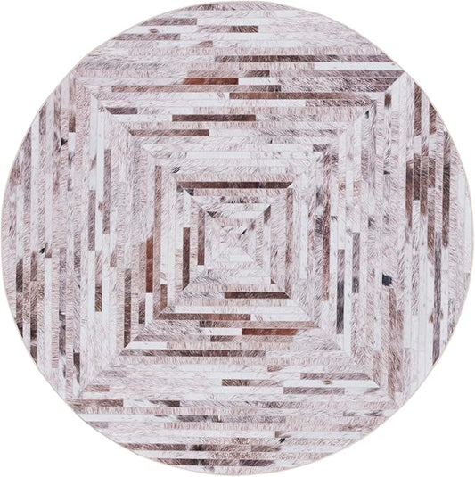 SAFAVIEH Washable Rug Faux Hide Collection - 6' Round, Beige & Brown, Slip Resistant, Western Rustic Decor, Printed Pattern, Ideal for Living Room, Bedroom, Home Office, Dining Space (FAH526A)