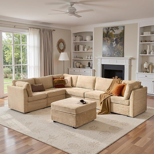 130'' Modern Modular Sectional Sofa with Ottoman, 7 Pieces L Shaped Cloud Couch for Living Room, Oversized Deep Seat Convertible Sofa Set, Plush Corduroy Beige