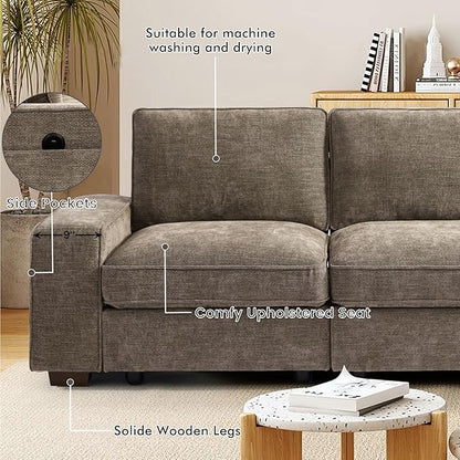 TEKAMON 73" Modular Sofa Couch with Seat Storage, Comfy 2-Seater Chenille Fabric Loveseat Sofa for Living Room, Office, Apartment W/Deep Seat, Wide Armrest, USB Charing Removable Cover(Brown)