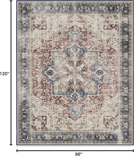 RUGGABLE Washable Vintage Area Rug – Kamran Royal Blue 8x10, Stain-Resistant, Non-Slip – Large Machine Washable Rugs for Living Room, Bedroom, Hallway, Entryway & Office–with Cushioned Pad