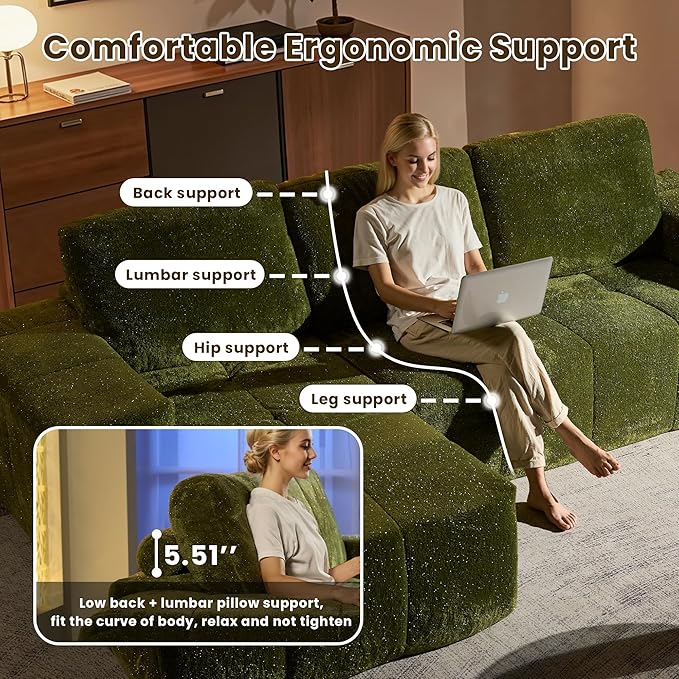 114" Glitter Cloud Sectional Couch with L-Shape Chaise, Modern Boneless Couches for Living Room Christmas Party, Fluffy Tufted Deep Seat Modular Sofa in a Box No Assembly