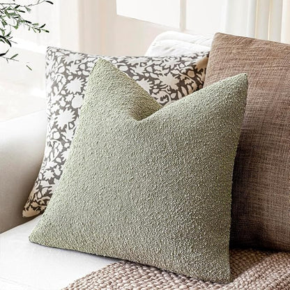 Foindtower Set of 2, Decorative Textured Boucle Throw Pillow Covers Accent Solid Pillow Cases Neutral Soft Couch Cushion Case for Chair Sofa Bedroom Living Room Home Decor 24x24Inch Dirty Sage Green
