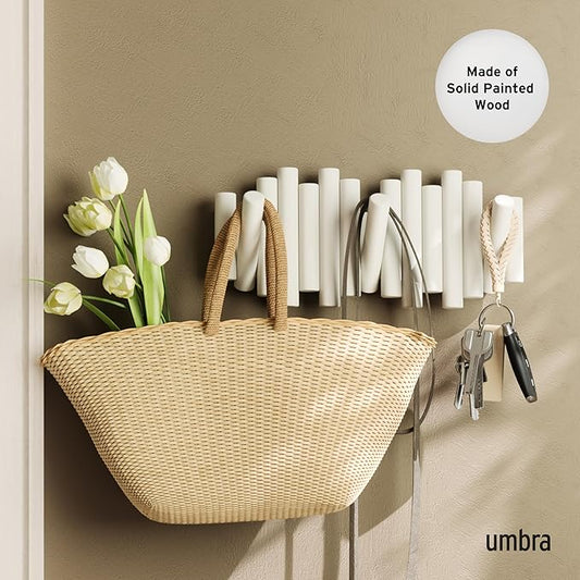 Umbra Picket Wall-Mounted Coat Rack Rail Hook with 5 Retractable Wood Pegs – Modern, Space-Saving Storage Organizer, White