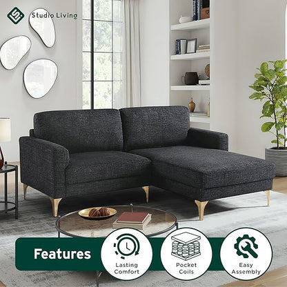 Studio Living® Matthew 83.5" Sofa Chaise, Mid-Century Modern, Pocket Coil Comfort, Reversable Chaise, Metal Brushed Bronze Legs, Chenille Fabric, Black