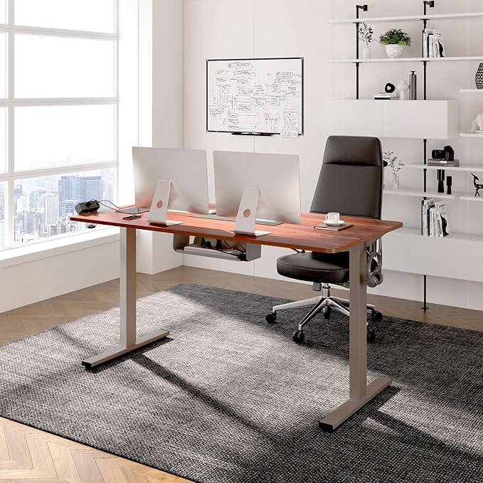 FLEXISPOT EN2 Whole-Piece Standing Desk with Clamp Power Strip, 60 x 24 Electric Stand Up Height Adjustable Desk with Cable Management (Gray Frame + 60" Mahogany Top, 2 Packages)