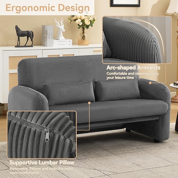 56'' Corduroy Loveseat Sofa, 2 Seater Love Seat Couch for Small Space, Comfy Upholstered Modern Leisure Loveseat Couches with Lumbar Pillows for Bedroom, Office, Living Room, Grey