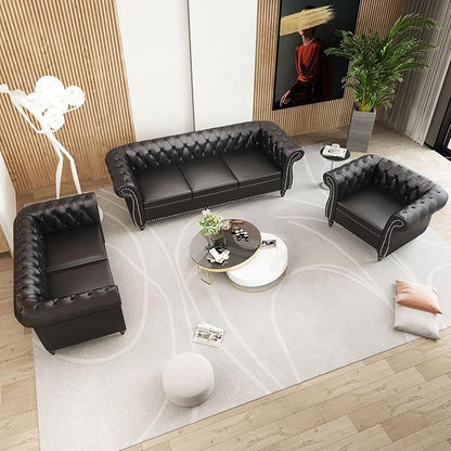 Home Sofa Living Room Furniture, 3 Seater Leather Upholstered Sofa Couch, Modern Comfy Couch with Faux Leather Cushions, Mid Century Tufted Chesterfield Sofas for Bedroom, Office, Apartment (Black)
