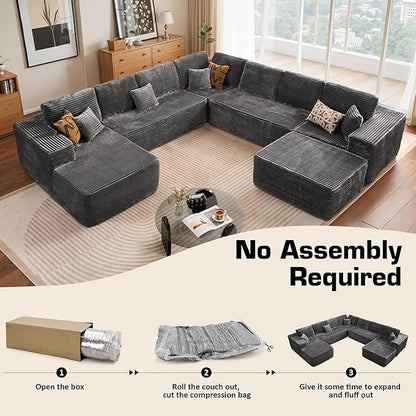 146'' Oversized Boneless Sectional Couch, U Shaped Cloud Couches with Chaise & Ottoman, Plush Corduroy 8 Seater Deep Seat Modular Sofa Sets for Living Room, No Assembly Required, Gray