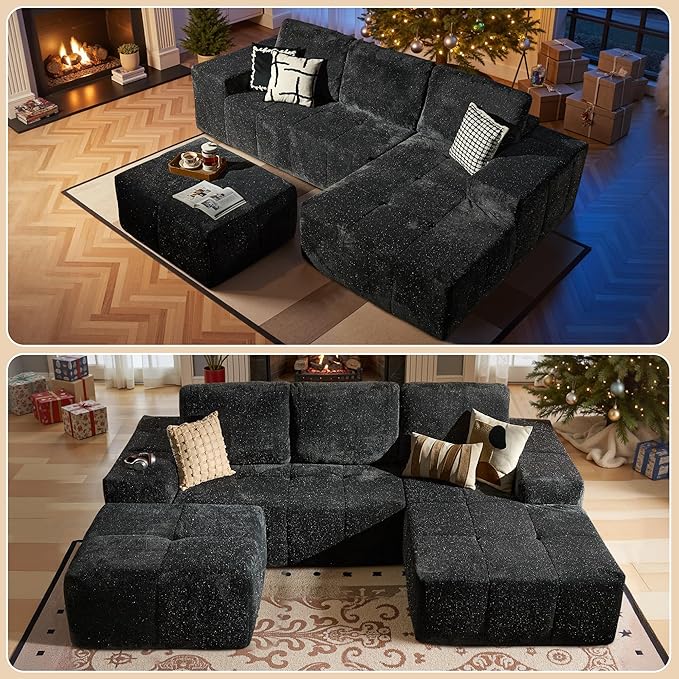 37.8" Glitter Velvet Ottoman for Couch, Memory Foam Cloud Boneless Sectional Couch for Living Room Foot Stools No Assembly Require (Sparkly Velvet, Gray)