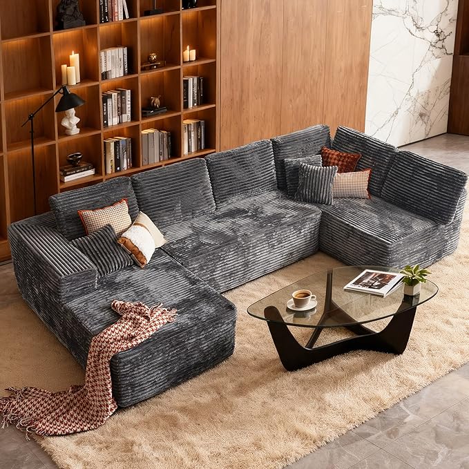 Cloud Sectional Couch with Chaise, Boneless U-Shaped Cloud Couch with Deep Seat, Soft Plush Modern Minimalist Sofa, Assembly Free Modular Floor Sofa for Office Living Room Apartment, Grey