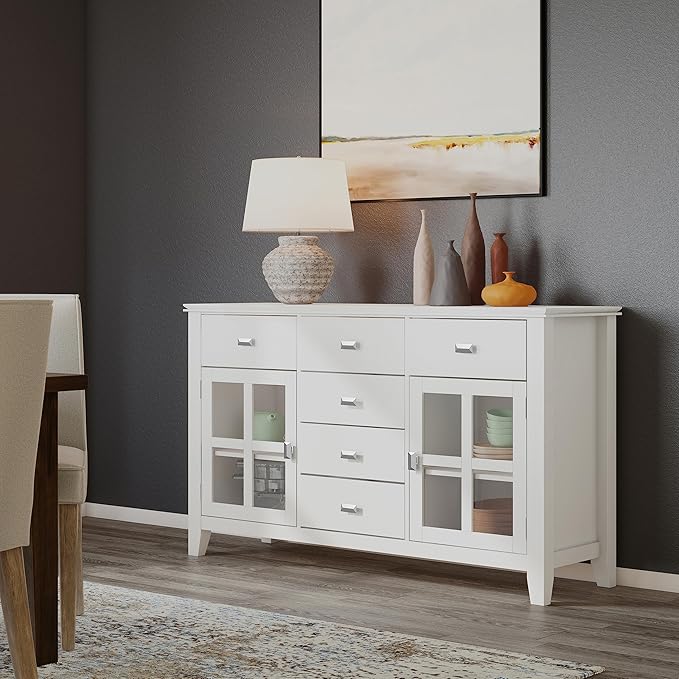 SIMPLIHOME Artisan Buffet - 54 inch Wide Solid Wood 3-Door Sideboard Buffet in White, Contemporary Storage Cabinet for Dining Room or Kitchen with Adjustable Shelves and Bronze Hardware