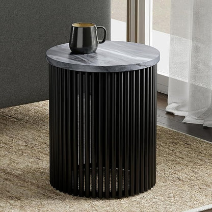 SIMPLIHOME Demy 18-inch Wide Metal Accent Table in Black Marble/Black Metal, Round Side Table with Slatted Base for Living Room, Bedroom, or Entryway, Industrial Style, Assembled