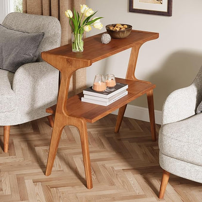 Tribesigns Narrow Side Table, 2-Tier Solid Wood End Table with Storage, Modern Tall Couch Side Table for Living Room, Slim Bedside Table for Bedroom, Small Spaces, Cherry