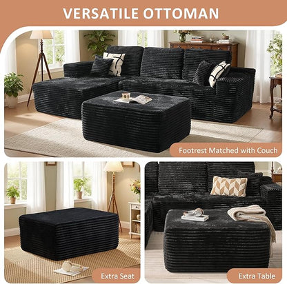 37.1" Ottoman for Couch, Plush Corduroy Memory Foam Ottoman Cloud Boneless Sectional Couch for Living Room Foot Stools No Assembly Require, Plush Corduroy,Black