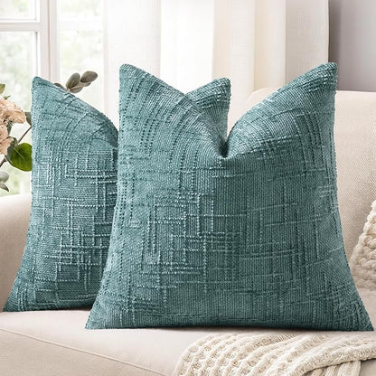 decorUhome Teal Chenille Throw Pillow Covers 24x24 Set of 2 Thick Textured Slubby Couch Pillow Covers Farmhouse Accent Modern Neutral Decorative Pillow Cases for Bed Sofa Living Room