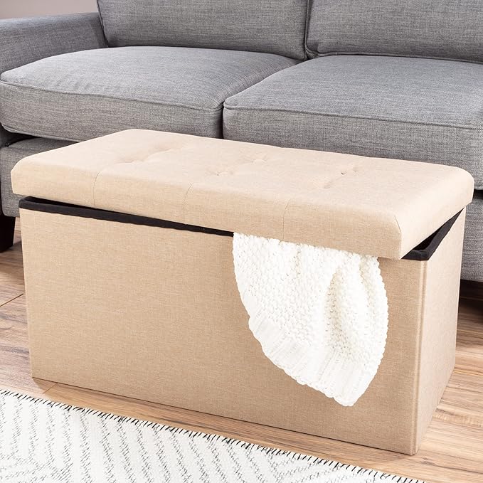 Folding Storage Ottoman - 30-Inch Tufted Footrest, Linen Chest, or Bench with Removable Bin for Living Room, Bedroom, or Dorm by Lavish Home (Beige)