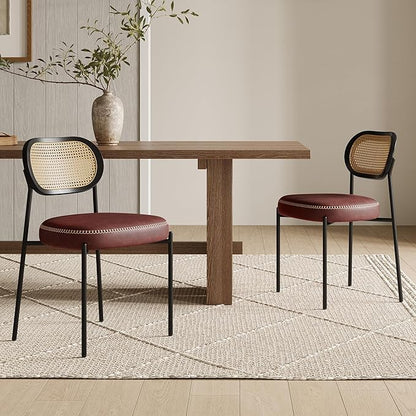 Rattan Dining Chairs Set of 6, Wine Leather Upholstered Dining Chairs with Rattan Cane Back, Mid Century Modern Dining Room Chairs with Black Metal Legs & D-Shaped Thicken Cushion, Wine