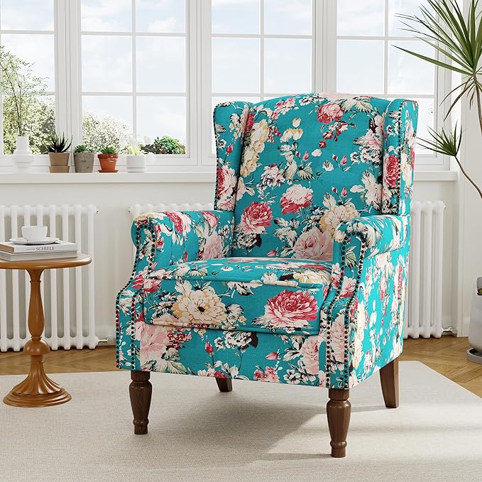 Accent Chair, Upholstered High Back Floral Armchair with Nailhead Trim & Wood Legs, Comfy Wingback Reading Single Sofa Chair for Small Spaces, Living Room, Bedroom ( Peacock Blue Floral, Set of 1)