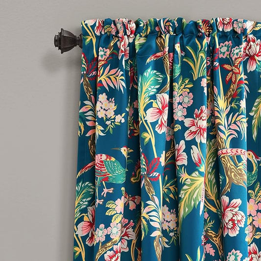 Lush Decor Dolores Light Filtering Window Panels, Pair, 52" W x 108" L, Navy & Multi - Floral Curtains for Bedroom - Vintage Curtains - Coquette Room Decor