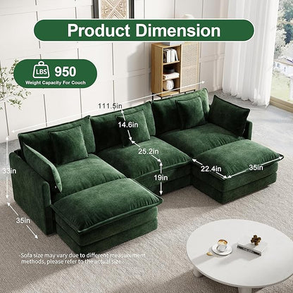 Modular Sectional Sofa, 111.5 Inch U-Shaped Cloud Sofa with Deep Seat Chenille Sofa with Cushions, Three-Self Sectional Sofa for Living Room Apartment,Evergreen