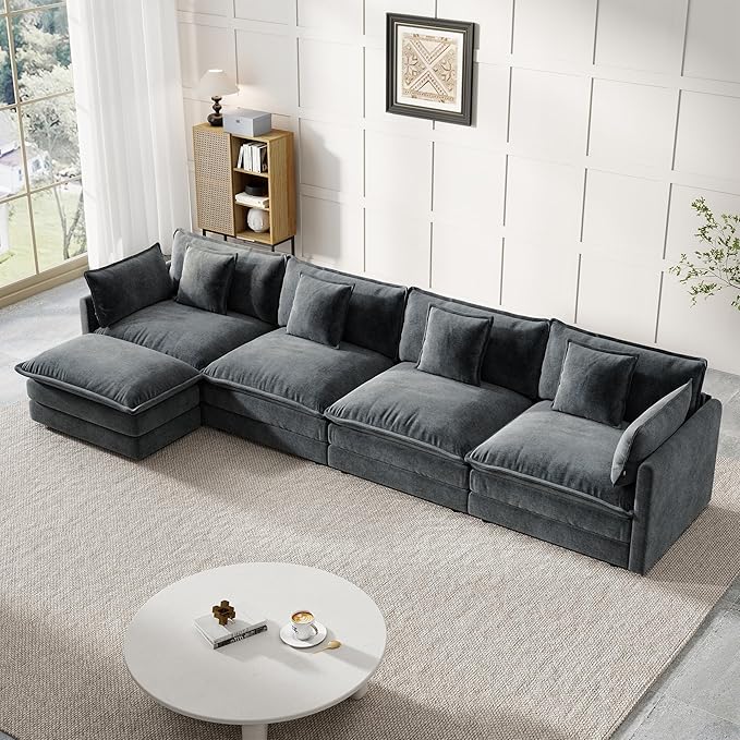Modular Sectional Sofa, 146.5 Inch L-Shaped Cloud Sofa with Deep Seat Chenille Sofa with Cushions, Four Seater Sectional Sofa for Living Room Apartment,Gray