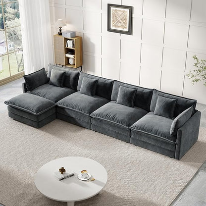 Modular Sectional Sofa, 146.5 Inch L-Shaped Cloud Sofa with Deep Seat Chenille Sofa with Cushions, Four Seater Sectional Sofa for Living Room Apartment,Gray