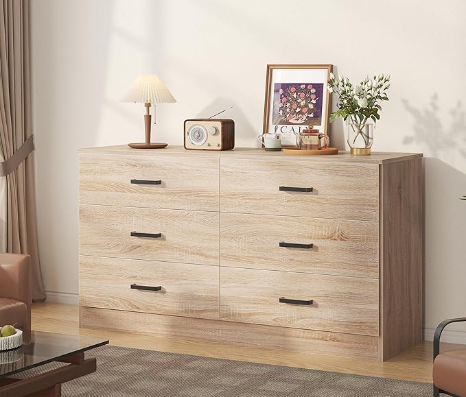 Bigbiglife Dresser for Bedroom, 6 Drawer Double Dresser, Modern Chest of Drawers with Deep Drawers, TV Stand Large Storage Organizer for Living Room, Closet (Light Oak)