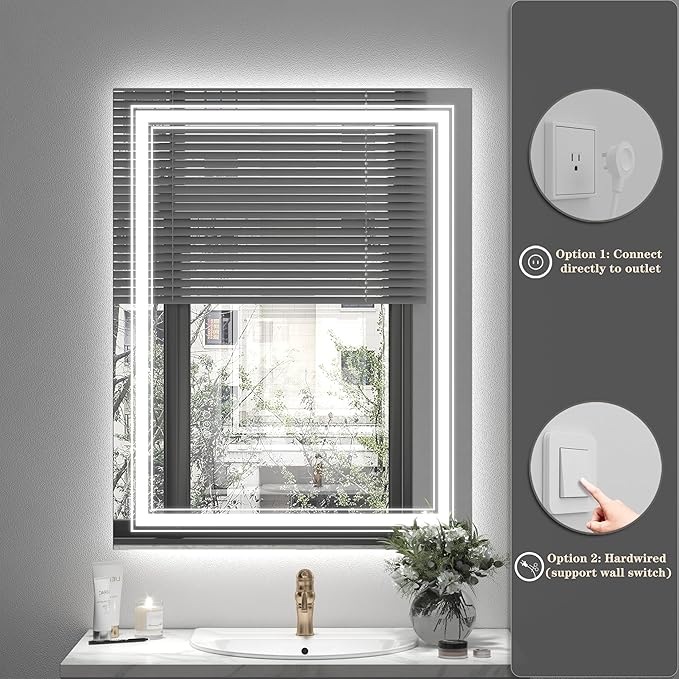24x32 LED Bathroom Mirror, Lighted Mirror for Bathroom Wall, Backlit and Front lit, Dimmable, Anti-Fog, Shatterpoof, Memory (Horizontal/Vertical)