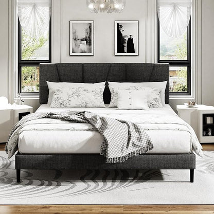 King Size Platform Bed Frame with Modern Upholstered Headboard, Wooden Slats Support, Noise Free, No Box Spring Needed, Easy Assembly, Dark Grey, Linen