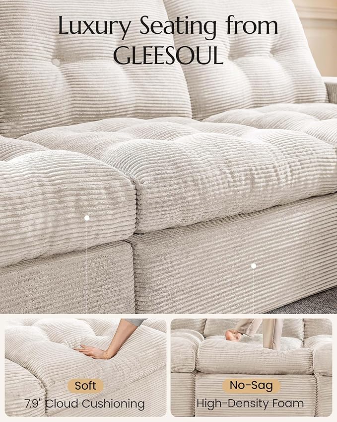 High Back Boneless Couch, Oversized Cloud Couch with Versatile 2-Pack Pillow Blankets, Corduroy Modular Sectional Sofa with Ottoman, No Assemble Sectional Couches for Living Room, Warm White