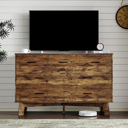 Dresser for Bedroom with 7-Drawer, 47.2" Wide Modern Chest of Drawers with Metal Handles, X-Shape Base & Adjustable Center Leg, Anti-Tip Closet Organizers and Storage