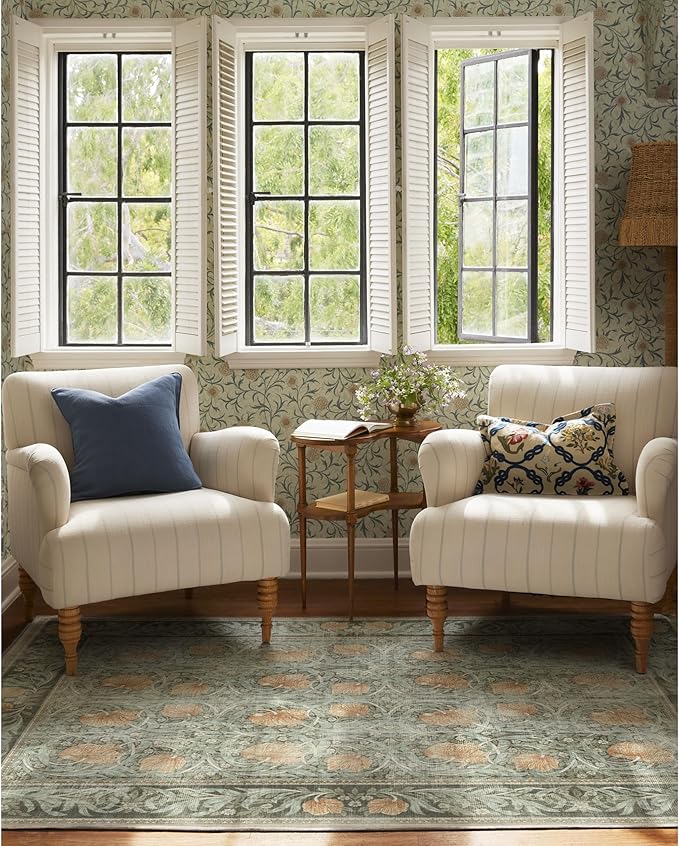 RUGGABLE x Morris & Co Washable Area Rug – Pimpernel Vintage Green 6x9, Stain-Resistant, Non-Slip – Medium Machine Washable Rugs for Living Room, Bedroom, Hallway, Entryway & Office–with Standard Pad
