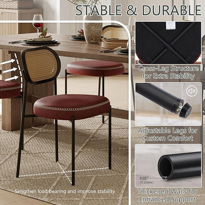 Rattan Dining Chairs Set of 2, Wine Leather Upholstered Dining Chairs with Rattan Cane Back, Mid Century Modern Dining Room Chairs with Black Metal Legs & D-Shaped Thicken Cushion, Wine