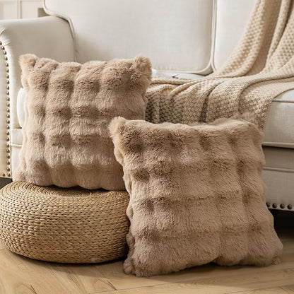 Pack of 2 Thick Plush Throw Pillow Covers Fluffy Wave Faux Fur Decorative Cushion Covers Soft Wool Pillowcase for Sofa Couch Livingroom 22x22 Inch Camel