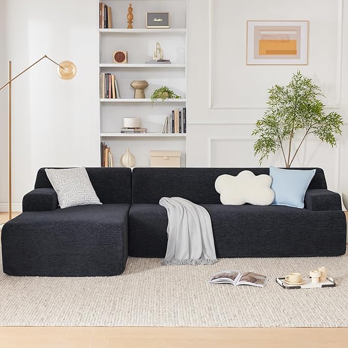 107" Modular Sectional Sofa, Sponge Sectional Sofa Couch for Living Room, High Density Sponges Cloud Couch,Modular L-Shape Sofa with Chaise, (Black)
