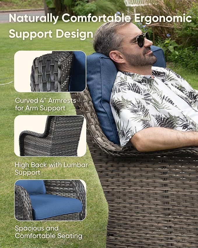 HUMMUH 3-Piece Swivel Rocking Rattan Chair Outdoor, Patio Bistro Furniture Conversation Set,Cushioned Wicker Chair with Glass Coffee Table(Grey, Blue)