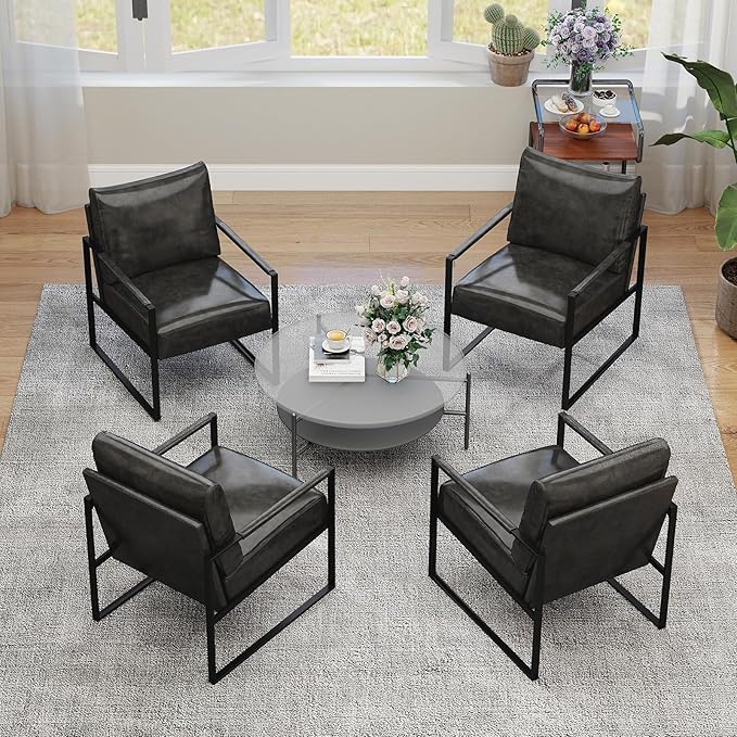 INZOY Accent Arm Chair with Metal Frame Set of 4, Comfy Living Room Chair with Plump Backrest and Cushion, Mid Century Modern Chair with Sturdy Structure, Easy to Clean, Dark Grey