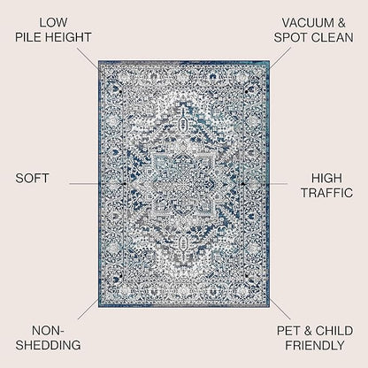 JONATHAN Y Modern Vintage Medallion Navy/Light Gray 9' Round Indoor Area Rug, Country, Floral, Easy-Cleaning for Living Room, Bedroom, Kitchen, Pet Friendly, Non-Shedding (MDP100B-9R)