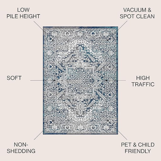 JONATHAN Y Modern Vintage Medallion Navy/Light Gray 5x5 Square Indoor Area Rug, Country, Floral, Easy-Cleaning for Living Room, Bedroom, Kitchen, Pet Friendly, Non-Shedding (MDP100B-5SQ)