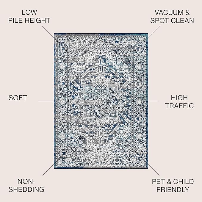JONATHAN Y Modern Vintage Medallion Navy/Light Gray Indoor Area Rug, 9x12, Country, Floral, Easy-Cleaning for Living Room, Bedroom, Kitchen, Pet Friendly, Non-Shedding (MDP100B-9)