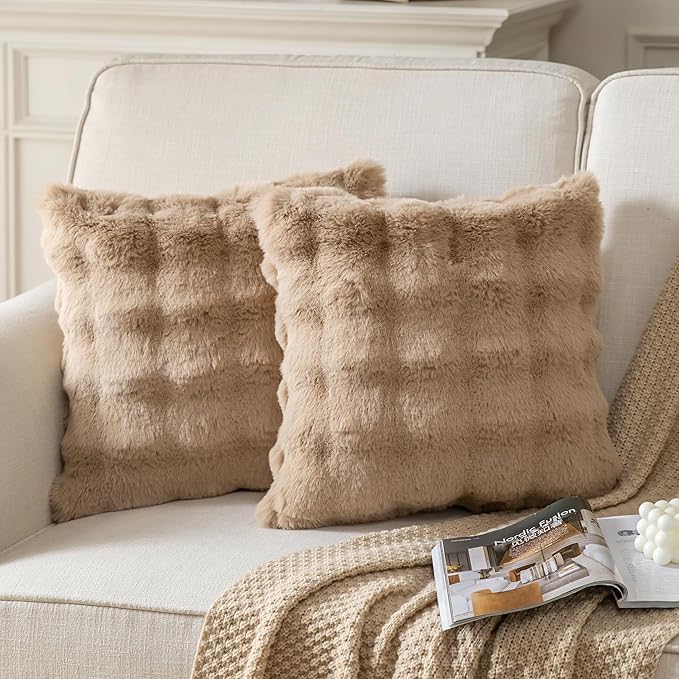 Pack of 2 Thick Plush Throw Pillow Covers Fluffy Wave Faux Fur Decorative Cushion Covers Soft Wool Pillowcase for Sofa Couch Livingroom 16x16 Inch Camel